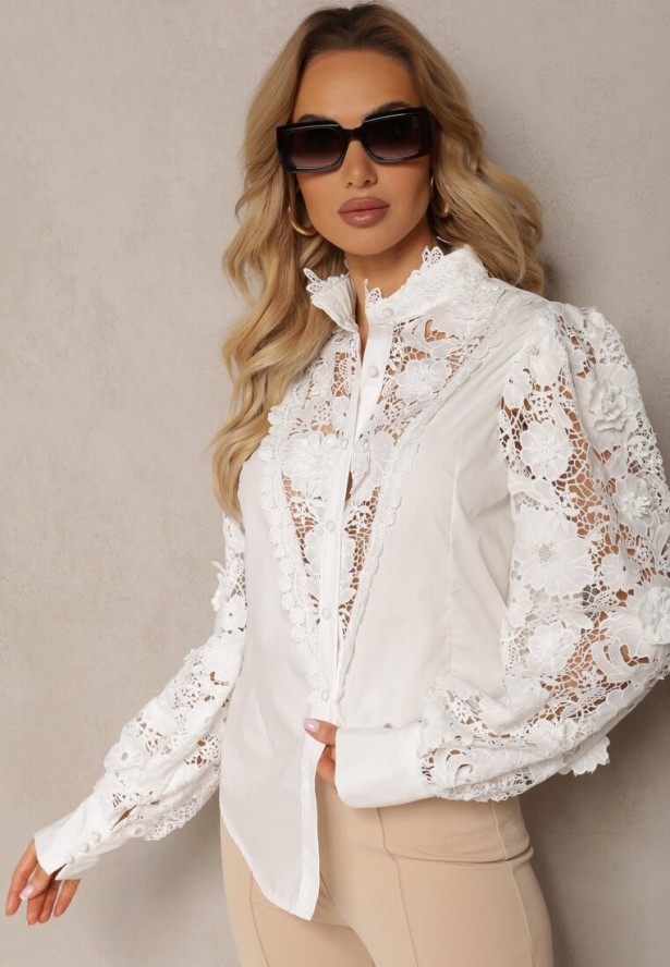 Biała Koszula Koronkowa Zapinana na Guziki Aneries