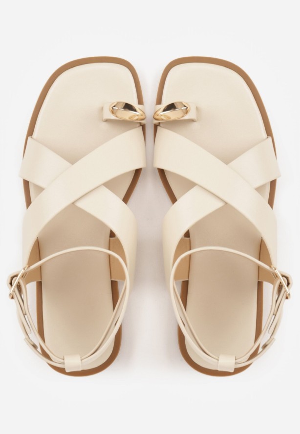 Beżowe Sandały Japonki z Paskiem na Palec i Paskiem Wokół Kostki Vivanya