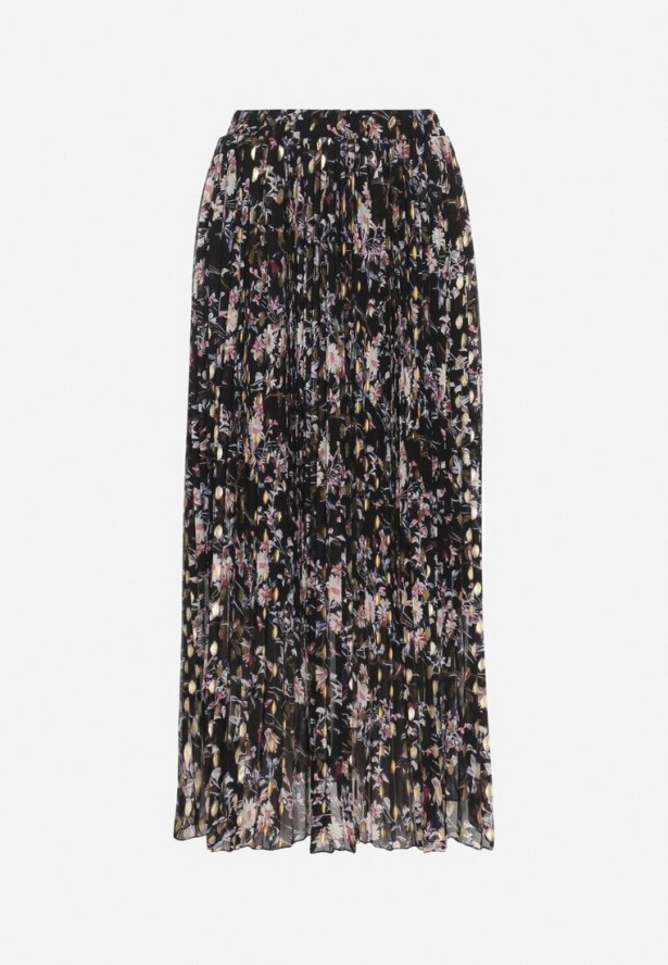 Czarna Rozkloszowana Spódnica Plisowana z Metalicznym Nadrukiem w Kwiatowy Wzór Folireia