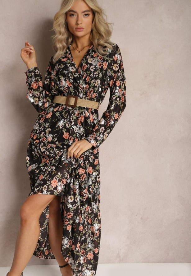 Czarna Sukienka Maxi z Plecionym Paskiem i Gumką w Talii w Kwiaty Elanisa