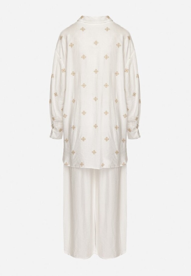 Biały Wiskozowy Komplet z Koszulą z Haftem i Szerokimi Spodniami Thannora