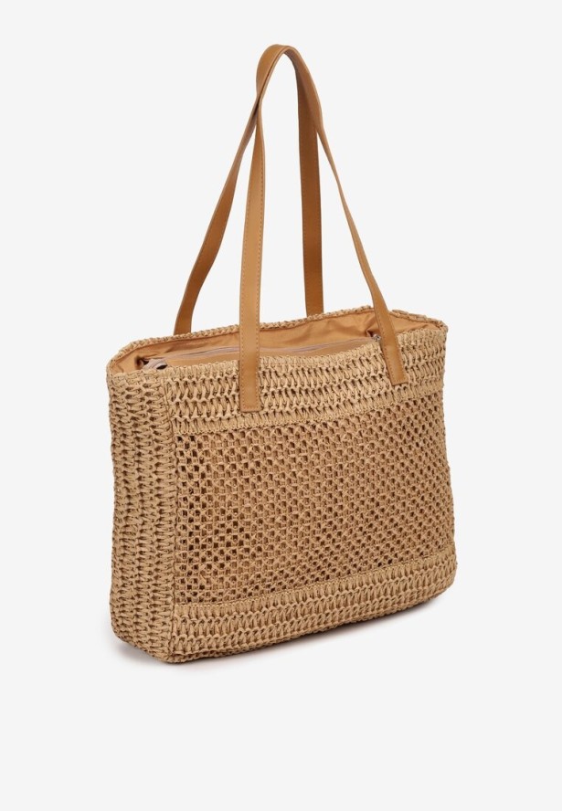 Beżowa Pleciona Torebka Boho z Naszytym Napisem Jusbia