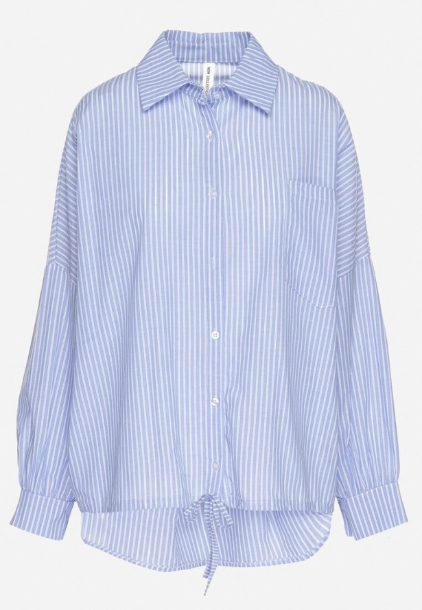 Jasnoniebieska Bawełniana Koszula Oversize w Paski ze Ściągaczem Elineola