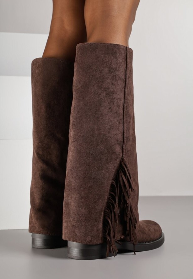 Brązowe Kozaki Ozdobione Frędzlami i Wywiniętą Cholewką Reilevia