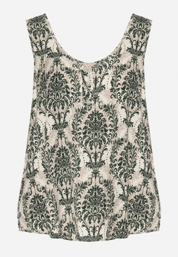 Zielono-Beżowa Bluzka z Bawełny ze Wzorem Boho Napolea