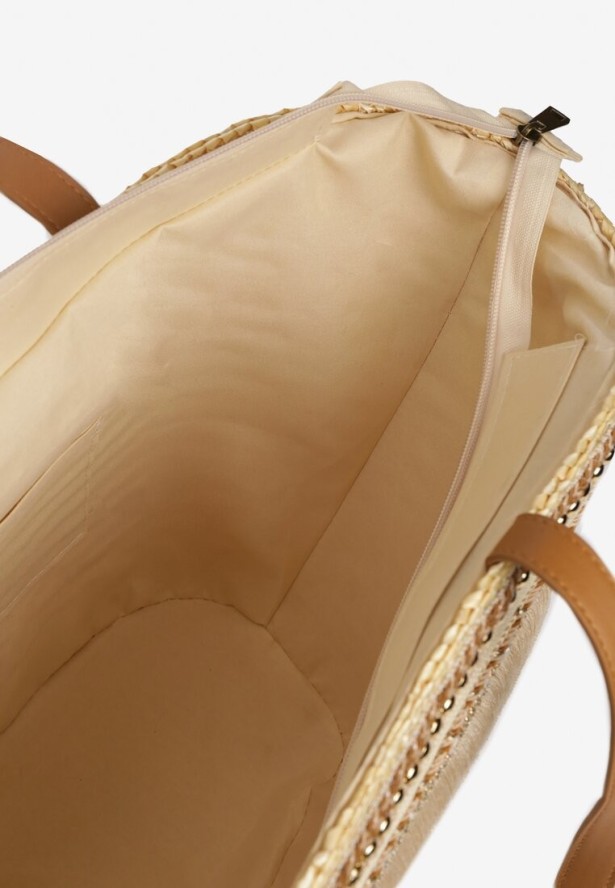 Beżowa Torebka z Plecionego Materiału Zapinana na Zamek Błyskawiaczny Abcolia