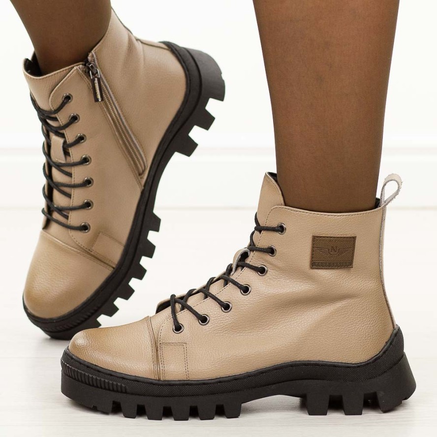 Khaki skórzane botki damskie na traperze Cambell 19370