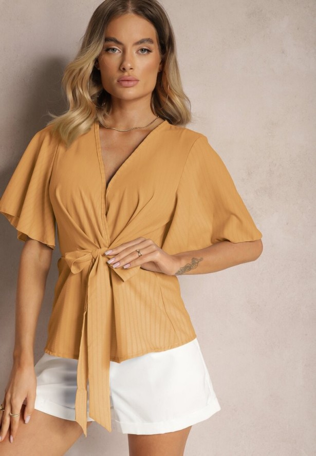 Ciemnobeżowa Bluzka o Kopertowym Dekolcie z Wiązaniem w Talii Risabellna