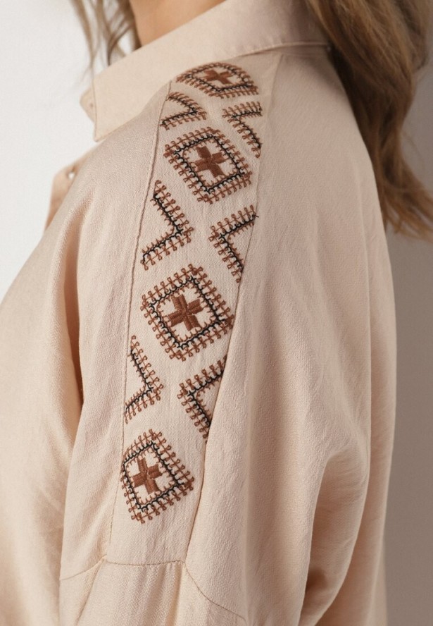 Beżowa Koszula Ozdobiona Haftem Ulosandria