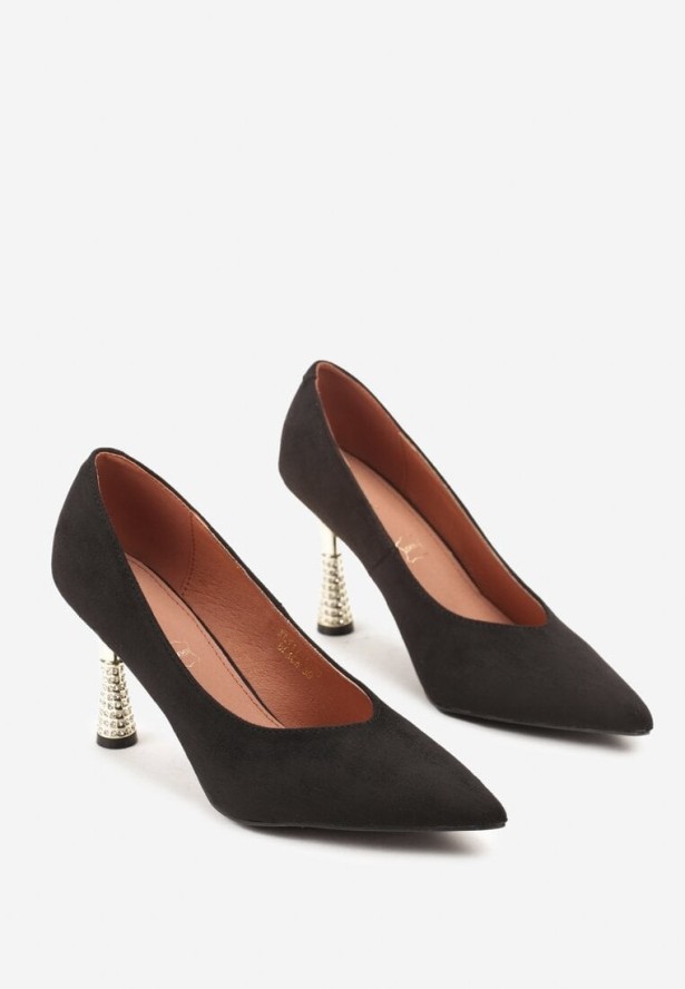 Czarne Szpilki Vices z Wkładką ze Skóry Naturalnej Ozdobione Cyrkoniami Gioriana