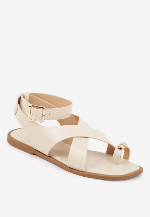 Beżowe Sandały Japonki z Paskiem na Palec i Paskiem Wokół Kostki Vivanya