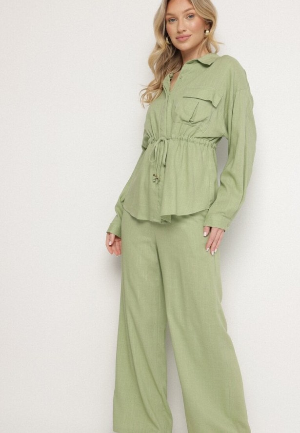 Zielony Komplet z Wiskozą Koszula Ściągana w Talii i Szerokie Spodnie Divellara