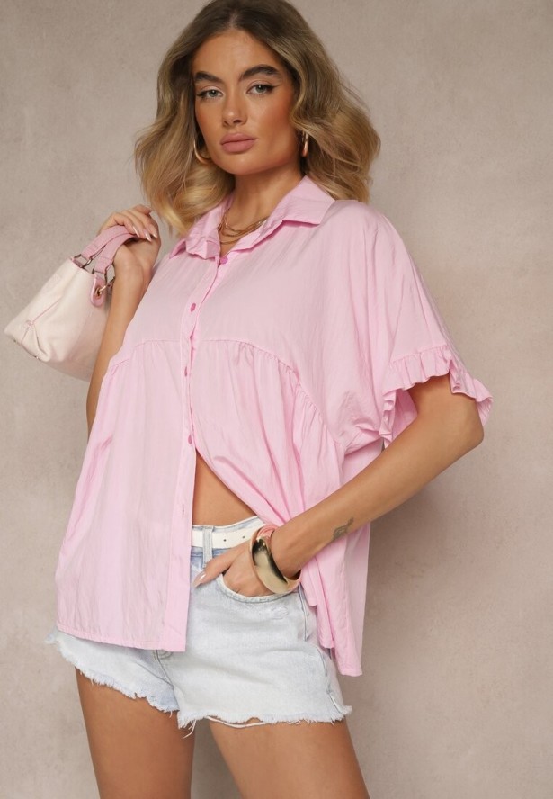 Różowa Koszula z Wiskozą Ozdobiona Falbankami Oleldi