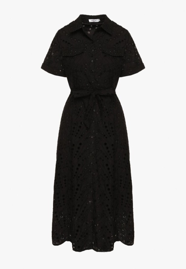 Czarna Koszulowa Sukienka Haftowana z Paskiem Rinessa