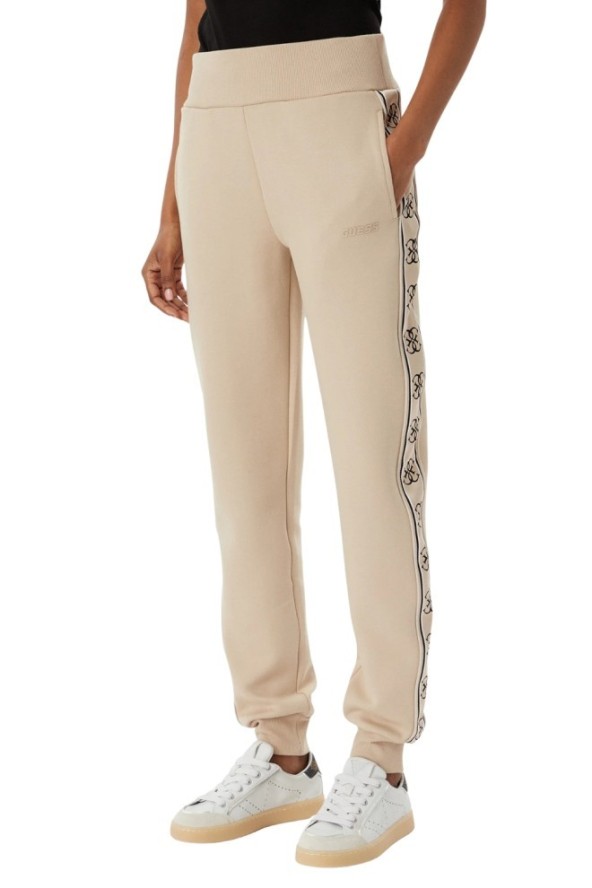 GUESS Beżowe damskie spodnie dresowe z lampasami Britney Jogger, Rozmiar M