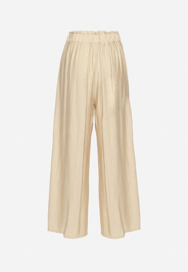Beżowe Szerokie Spodnie z Wysokim Stanem Ozdobione Wiązaniem Teliriela