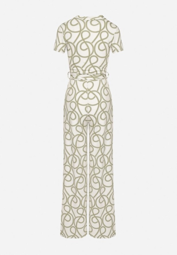 Zielony Kombinezon z Wiskozą o Kopertowym Kroju w Abstrakcyjny Wzór Evivira