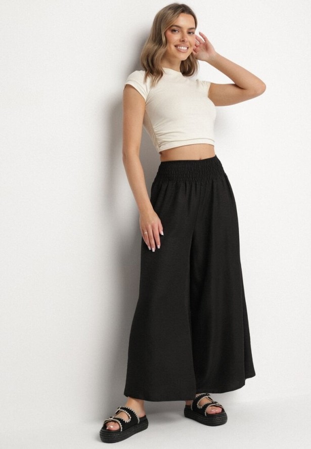 Czarne Spodnie Szerokie z Szeroką Gumką w Talii Koririelle