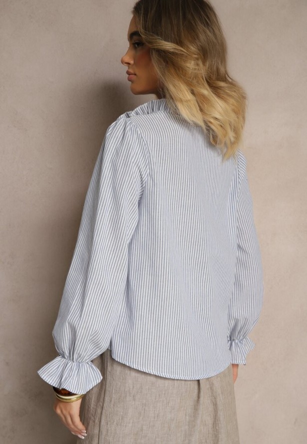 Jasnoniebieska Koszula z Bawełną Ozdobione Paskami i Falbanką Arririnea