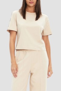 GUESS Beżowy bawełniany t-shirt damski z lampasami Britney, Rozmiar M