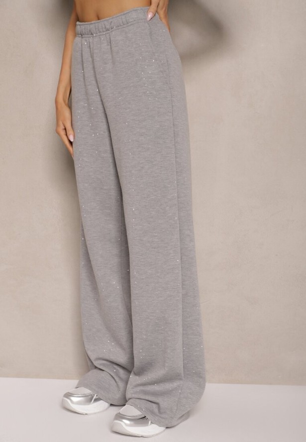 Szare Spodnie z Wiskozą o Szerokim Kroju z Cyrkoniami Zeleria