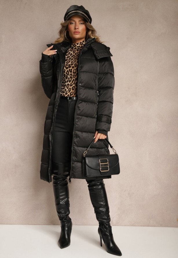 Czarna Pikowana Kurtka ZImowa z Eleganckim Paskiem Sadelara