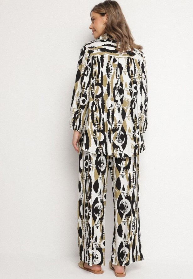 Czarno-Beżowy Komplet z Wiskozą w Abstrakcyjny Wzór Koszulowa Bluzka i Spodnie Sarivone