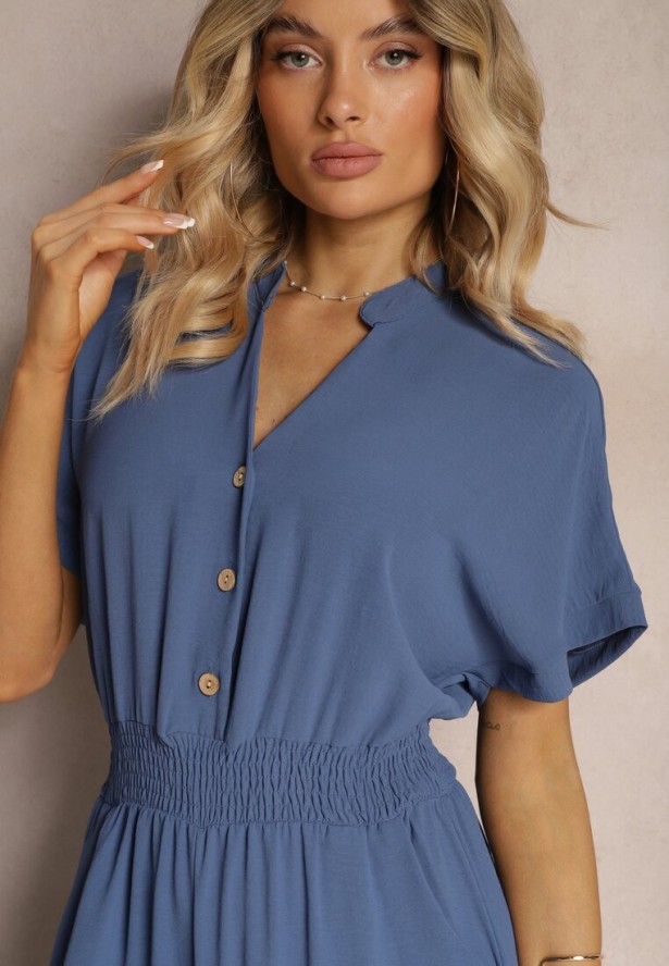 Granatowy Taliowany Kombinezon z Wiskozy Zapinany na Guziki Frisea