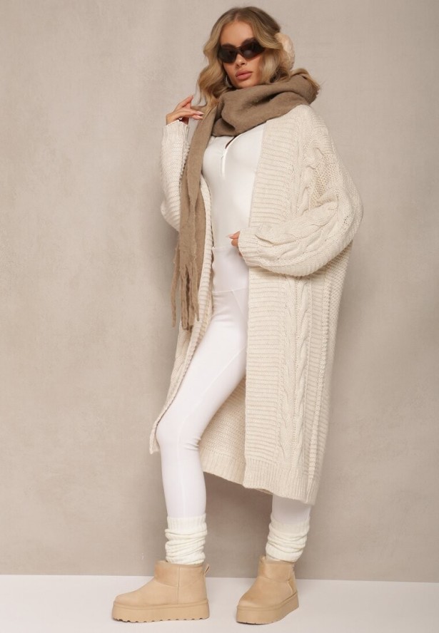 Jasnobeżowy Długi Kardigan z Ozdobnym Szerokim Splotem Havsana