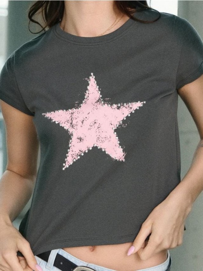 Koszulka z nadrukiem i cyrkoniami - szary