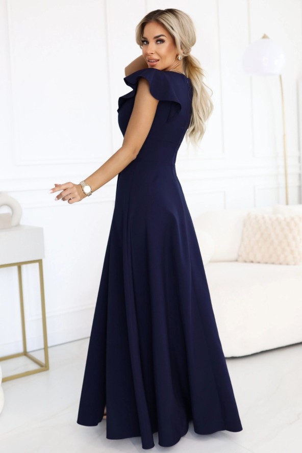 Długa sukienka wieczorowa rozkloszowana granatowa