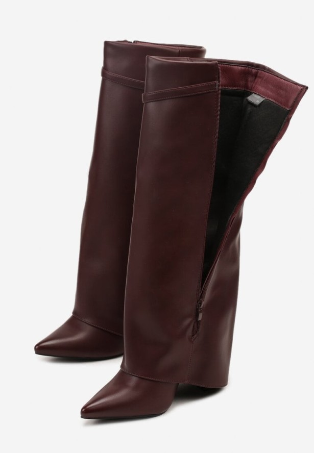 Bordowe Kozaki na Słupku Typu Kowbojki Ozdobione Klamrą i Wywiniętą Cholewką Nalonea