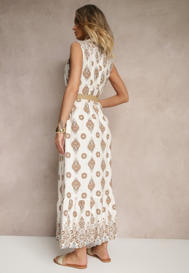 Beżowa Koszulowa Sukienka z Wiskozy Ozdobiona Paskiem z Klamrą Eranelis