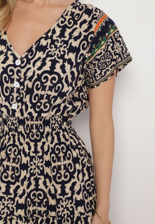 Granatowa Bawełniana Sukienka z Guzikami i Ornamentnym Wzorem Zisselle