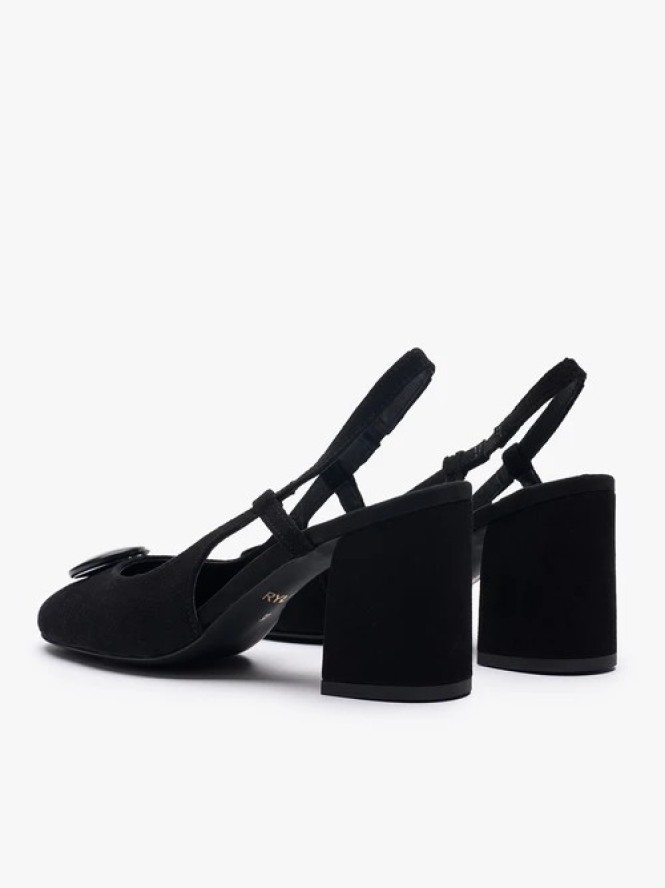Czarne welurowe czółenka slingback bez pięty z ozdobą