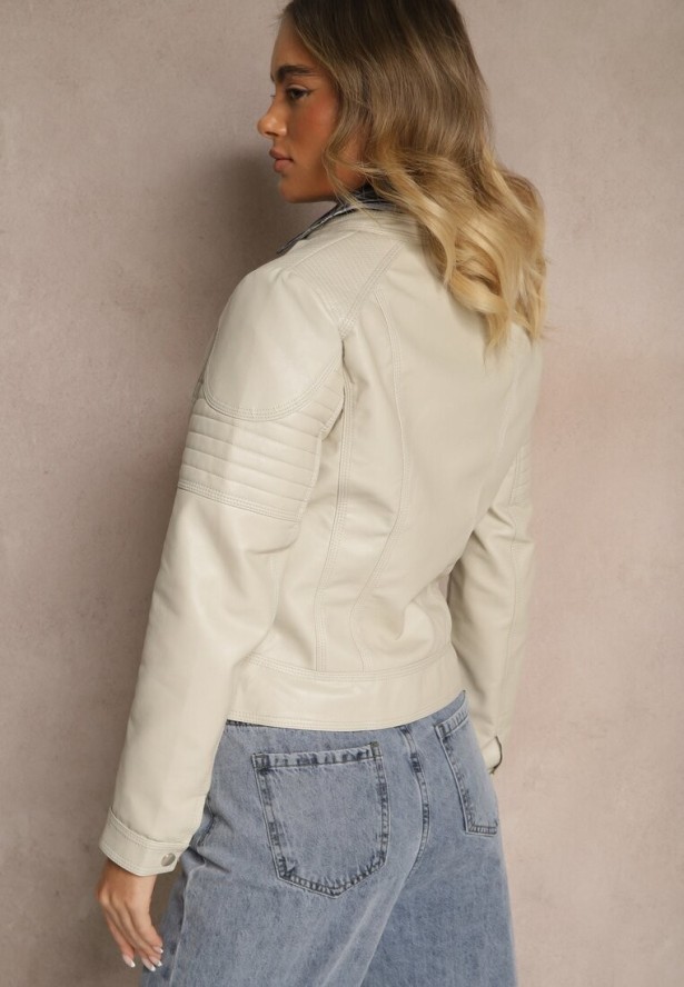 Jasnobeżowa Motocyklowa Kurtka Ramoneska ze Stójką i Napami Taliritta