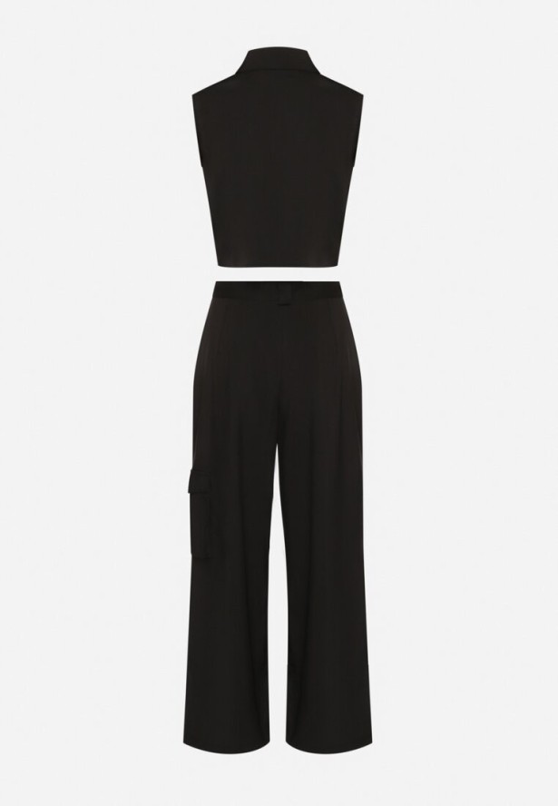 Czarny Komplet w Stylu Cargo Kamizelka z Kołnierzykiem i Szerokie Spodnie Zireva