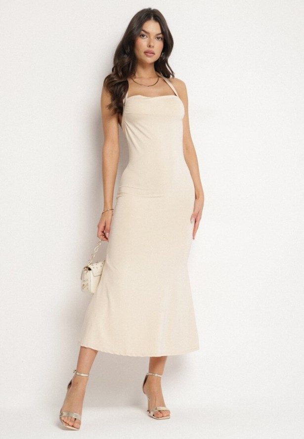 Beżowa Taliowana Sukienka Koktajlowa z Wiskozą Izazira