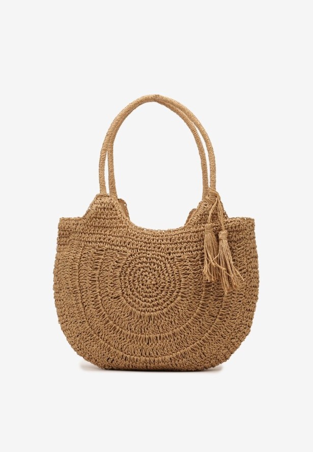 Ciemnobeżowa Torebka Shopperka Boho z Plecionej Rafii Aidarsa