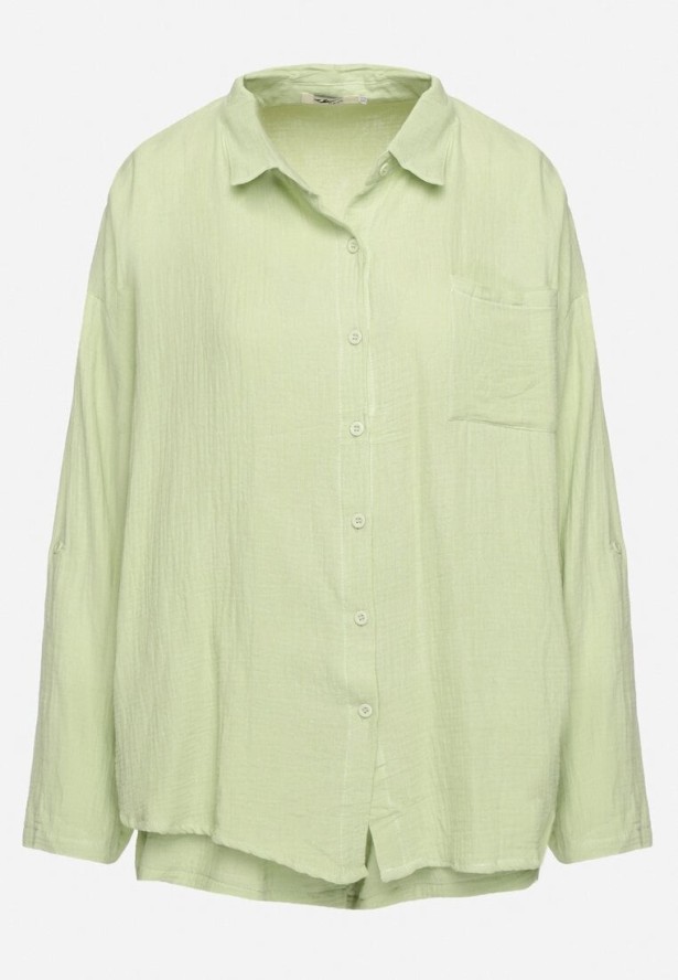 Jasnozielony Bawełniany Komplet Koszula z Regulowanymi Rękawami i Szorty Eleadelle