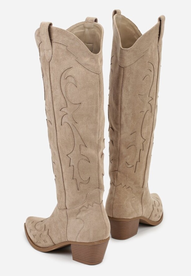 Ciemnobeżowe Kozaki Kowbojki na Stożku w Klasycznym Stylu Nalinda