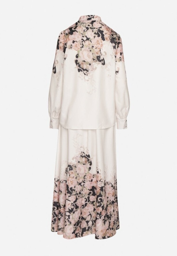 Beżowy Wiskozowy Komplet w Kwiatowy Wzór Koszula i Rozkloszowana Spódnica Belinoris