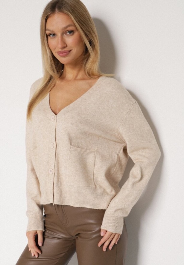 Beżowy Rozpinany Kardigan z Dodatkiem Kaszmiru Vetirira