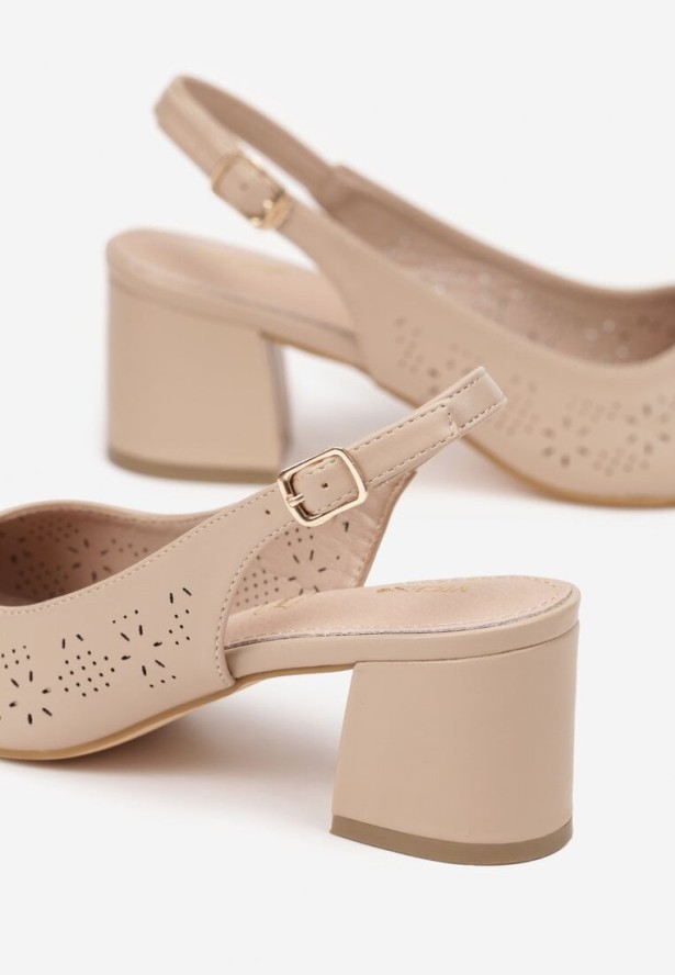 Ciemnobeżowe Ażurowe Sandały Vices na Obcasie Bez Pięty ze Skórzaną Wkładką Atirione