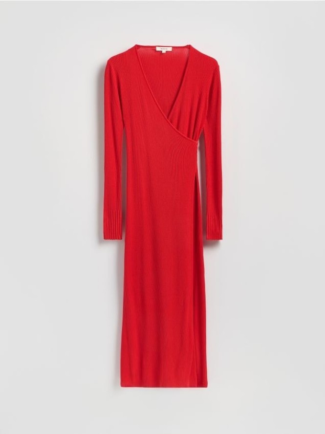 Prążkowana sukienka z wiązaniem - czerwony