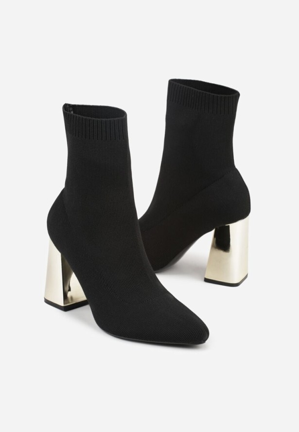 Czarno-Złote Eleganckie Botki VICES na Słupku ze Skarpetkową Cholewką Rasoria