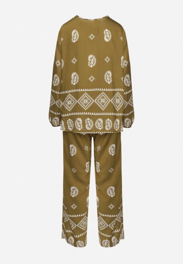 Ciemnozielony Komplet w Stylu Rustykalnym Luźna Bluzka i Spodnie z Wiskozą Emilaris