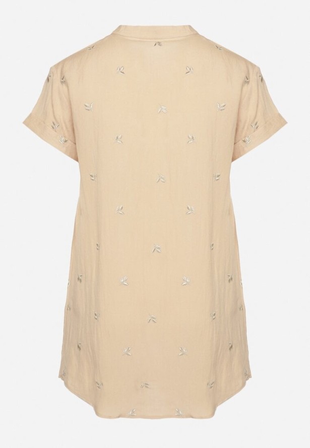 Beżowa Bawełniana Tunika z Ozdobnymi Guzikami i Naszywkami Sovozi