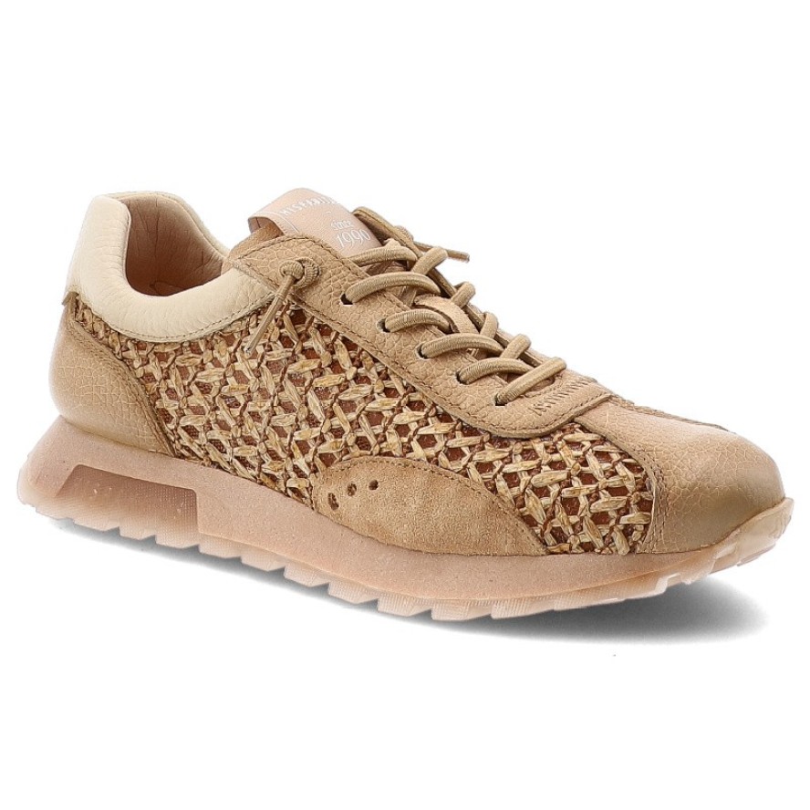 Sneakersy damskie Hispanitas, ze skóry naturalnej z tekstylnymi wstawkami ażurowymi klasyczne sznurowanie i zaokrąglony nosek, beżowe, RHV264741 Bole