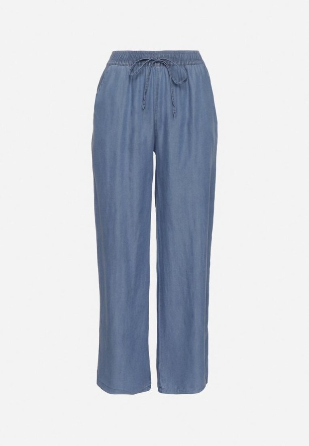 Niebieskie Szerokie Spodnie z Bawełny Ozdobione Wiązaniem Evipoli